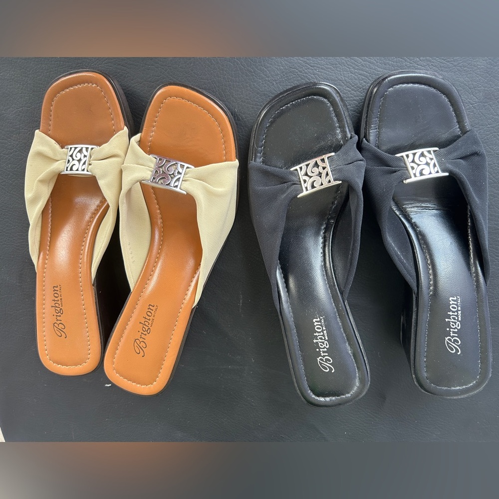2 PAIR Brighton Isabel Bow Slide Wedge Sandals - Cream and Black size 9